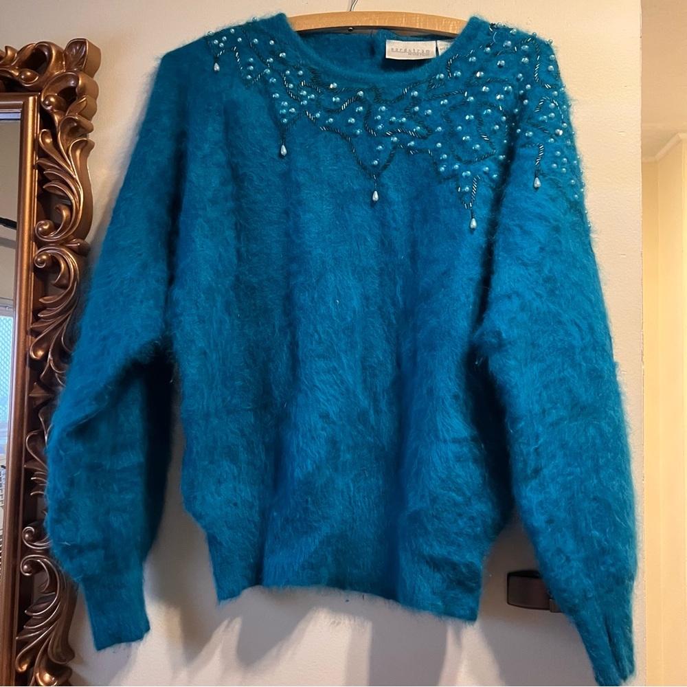 Nordstrom Blue Crew Neck Sweater with Elegant Beading Angora